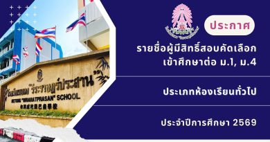 ประกาศ : รายชื่อผู้มีสิทธิ์สอบคัดเลือกเข้าศึกษาต่อ ม.1, ม.4 ประเภทห้องเรียนปกติ ประจำปี 2569