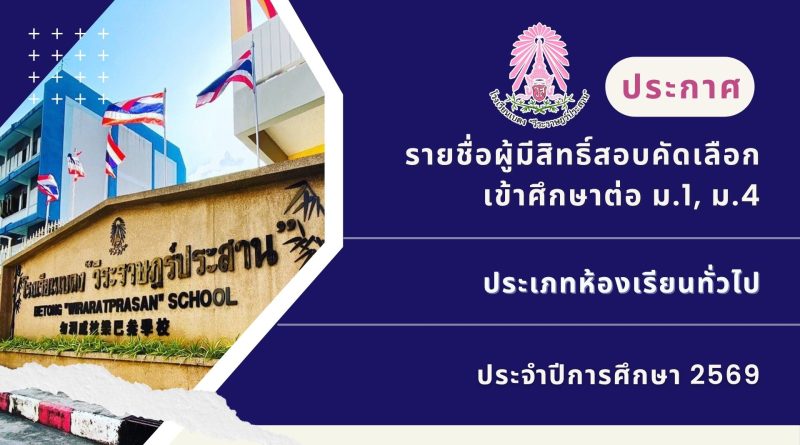 ประกาศ : รายชื่อผู้มีสิทธิ์สอบคัดเลือกเข้าศึกษาต่อ ม.1, ม.4 ประเภทห้องเรียนปกติ ประจำปี 2569